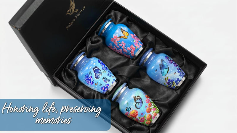 Small Urns for Human Ashes – Set of 4 Mini Keepsake Urns for Ashes, with Velvet Bag & Gift Box, Memorial Sharing Urns (Sky Blue, Set of 4) Sky Blue