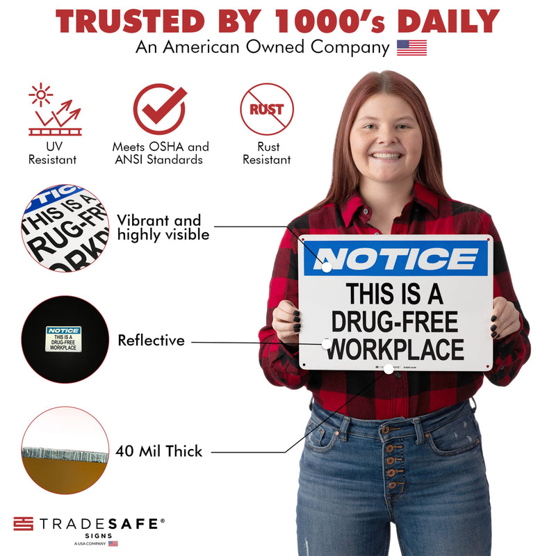 TRADESAFE This is a Drug Free Workplace Sign - Business Sign, Office Sign, Quick Install Aluminum Safety Sign, Light Reflective, UV-Resistant, Waterproof Signs for Business, 14” X 10” No Drugs Sign Drug-Free Workplace