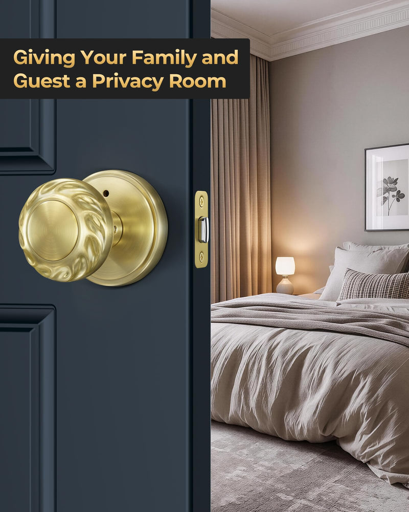 Gold Door Knob Interior, Zinc Alloy Heavy Duty Privacy Door Knobs with Lock for Bedroom and Bathroom, 1 Pack Brushed Gold Interior Door Knobs for Left Right Sided Doors