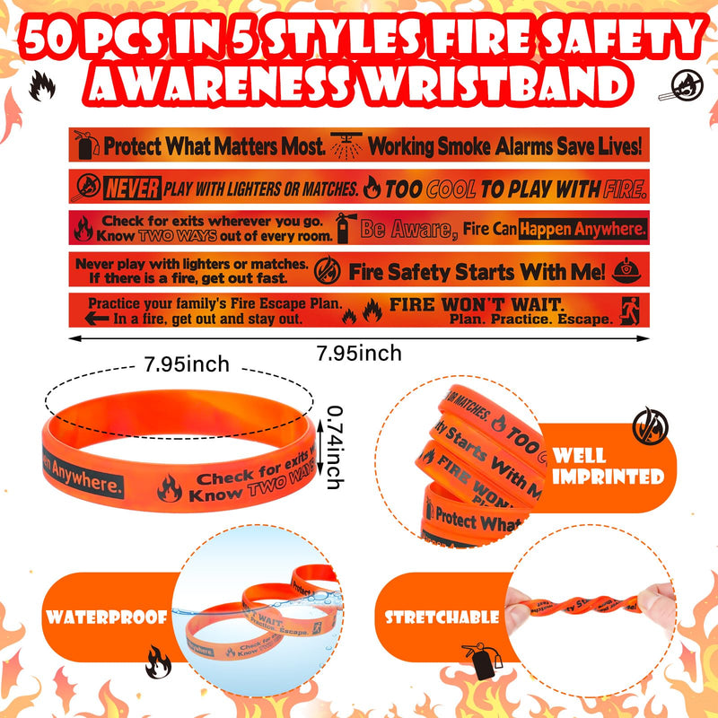 [Australia - AusPower] - 50 Pcs Fire Safety Awareness Bracelet Silicone Rubber Wristband with Tips Phrases for Awareness Gifts 