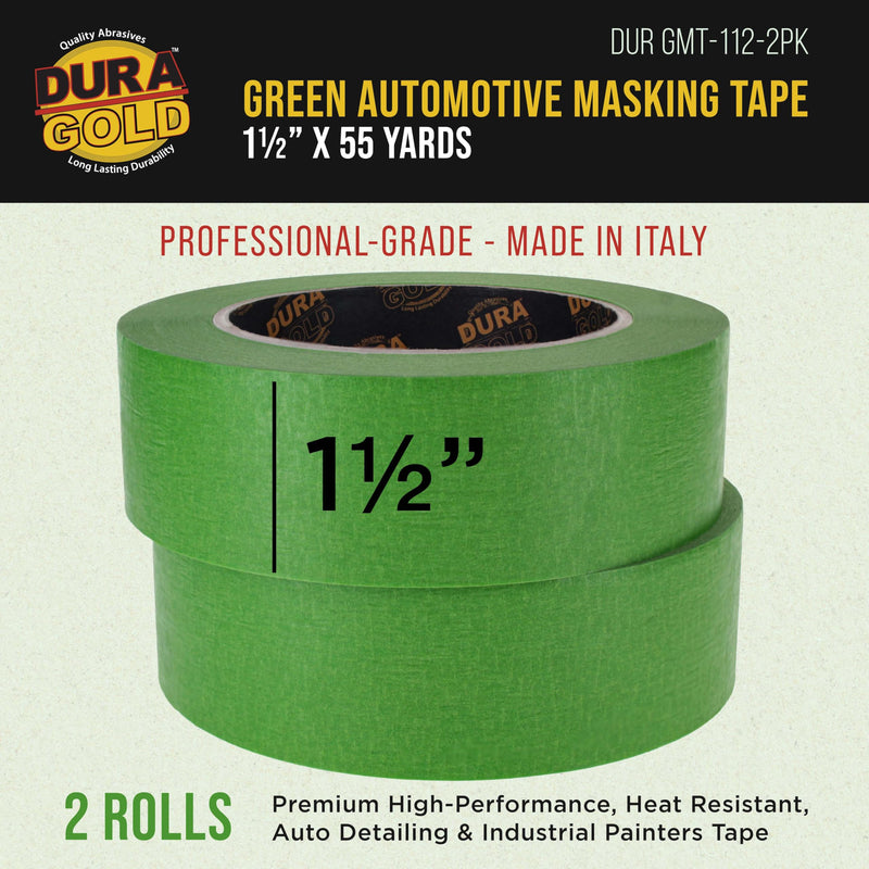 Dura-Gold Green Automotive Masking Tape 1-1/2 Inch (1.41 Inch x 55 Yards), 2 Rolls - Premium High-Performance, Heat Resistant - Auto Refinish Painting, Car Detailing, Autobody Industrial Painters Tape 1-1/2"