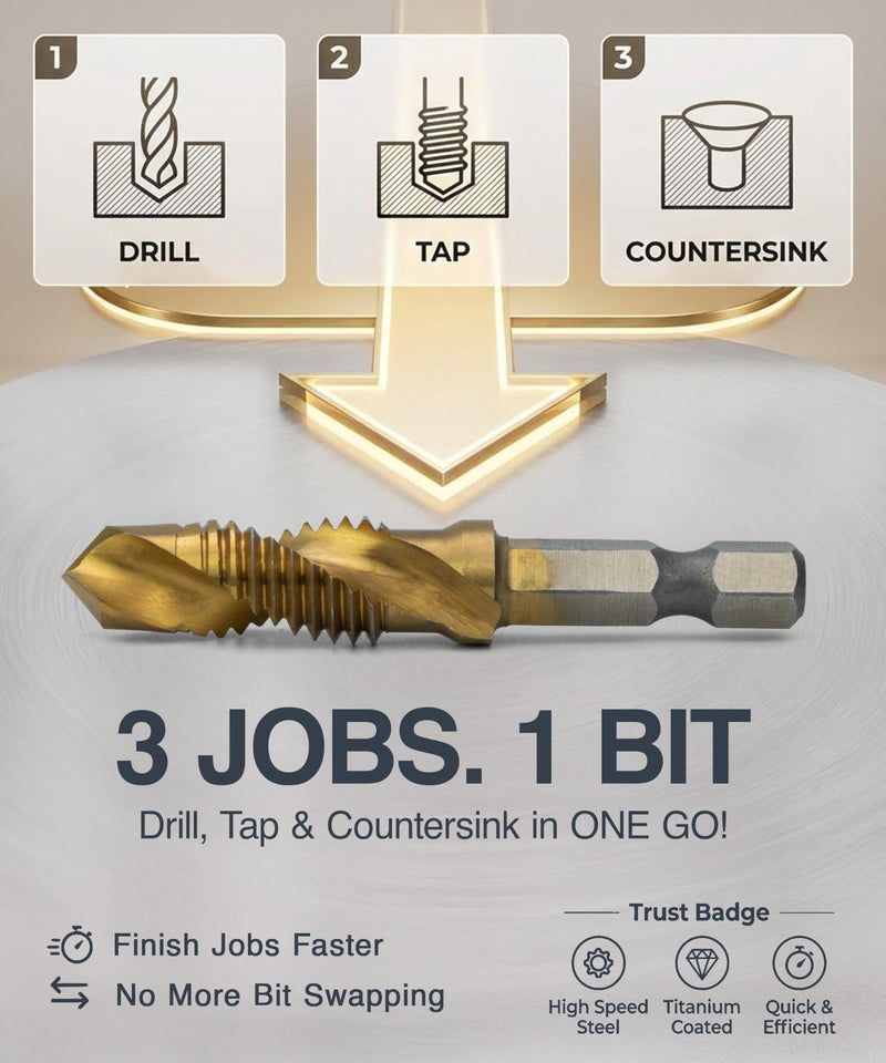 Combination Drill Tap Bit Set, 13-Pcs HSS Titanium-Coated SAE & Metric 3-in-1 Bits for Drilling, Tapping & Countersinking, 1/4" Hex Shank, Quick-Change Adapter, Storage Case for Metal, Wood Drill and Tap Bit Set 13pcs