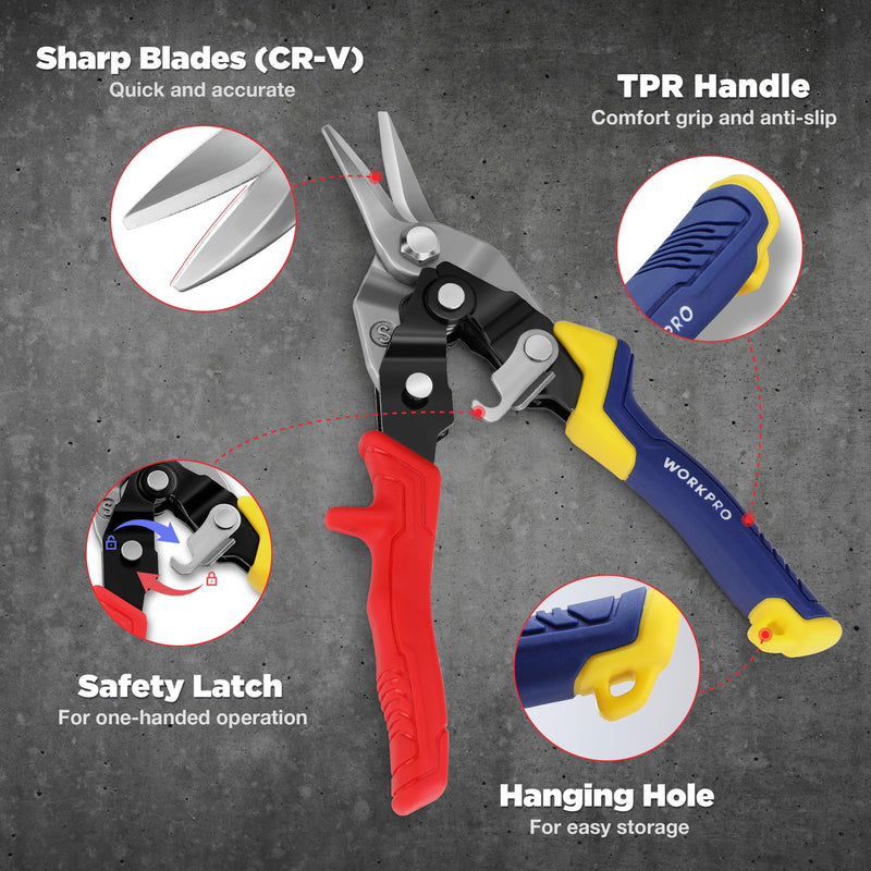 [Australia - AusPower] - WORKPRO 8 Inch Aviation Snips, Straight Cut, Heavy Duty Metal Cutter with Safety Latch and Non-slip Handle, Cr-V Steel Sharp Teeth, Aviation Snips for Cutting Metal Sheet 