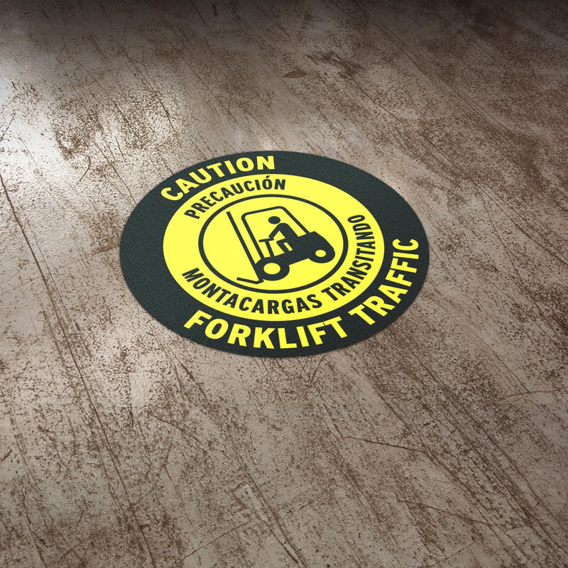 17" x 17" Round Yellow Bilingual Caution Forklift Sign | Round, Yellow Floor Sticker, Work & Warehouses, Construction Sites, Distribution Centers 2 Pack Caution Forklift Traffic (Bilingual)