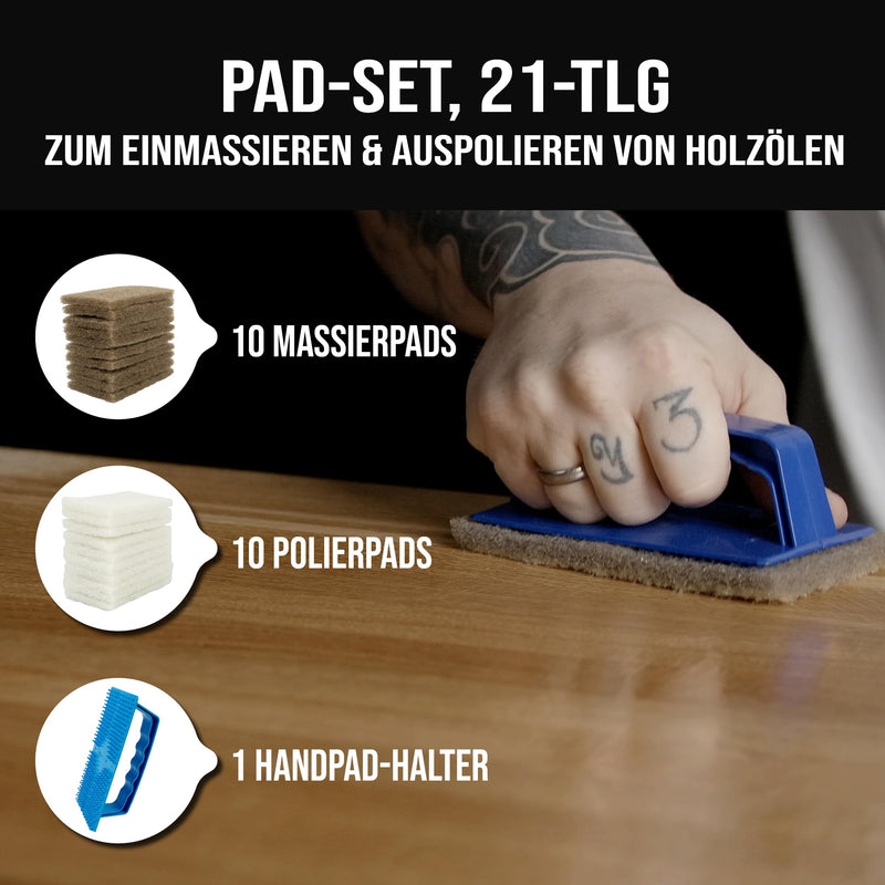 OLI NATURA Pad Set for Applying and Polishing Wood Oils | With 10 massage pads, 10 polishing pads and ergonomic pad holder - for an even, professional finish