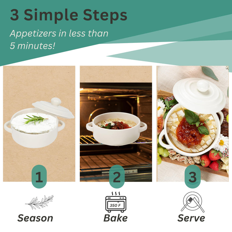 Brie Baker with Lid and Spreader - White Ceramic Baking Dish for Cheese, Baked Brie, Fondue, Dip - Oven Safe Baker Crock - 5” - Fits Standard Camembert Wheel - Gift Charcuterie Accessories Ivory