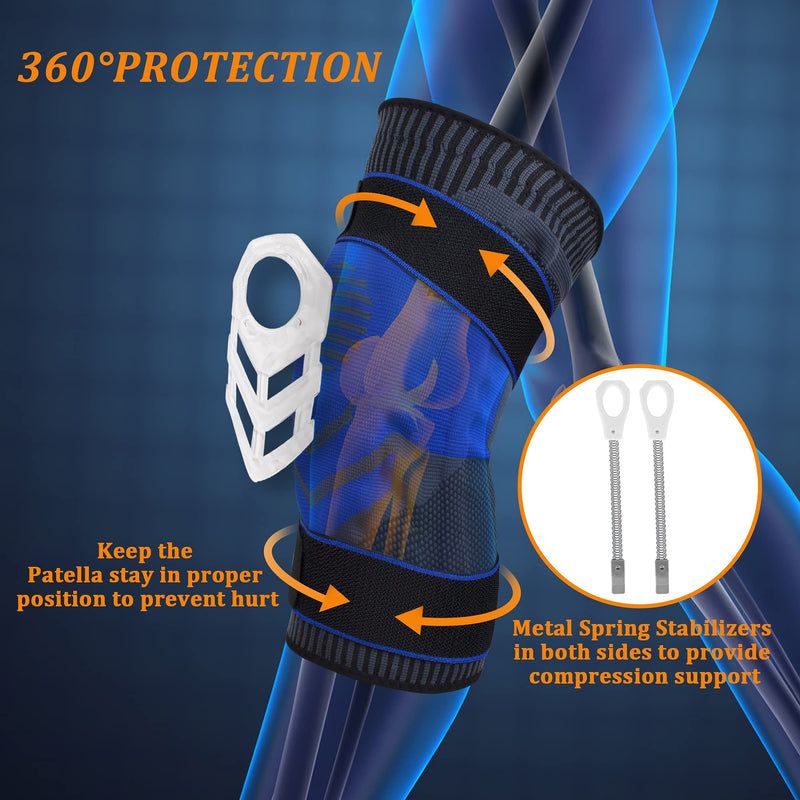 [Australia - AusPower] - Knee Compression Sleeve Support, Professional Knee Brace With Patella Gel Pad & Side Spring Stabilizers, Double Adjustt Straps, Medical Grade Knee Protector For Large Blue 1 