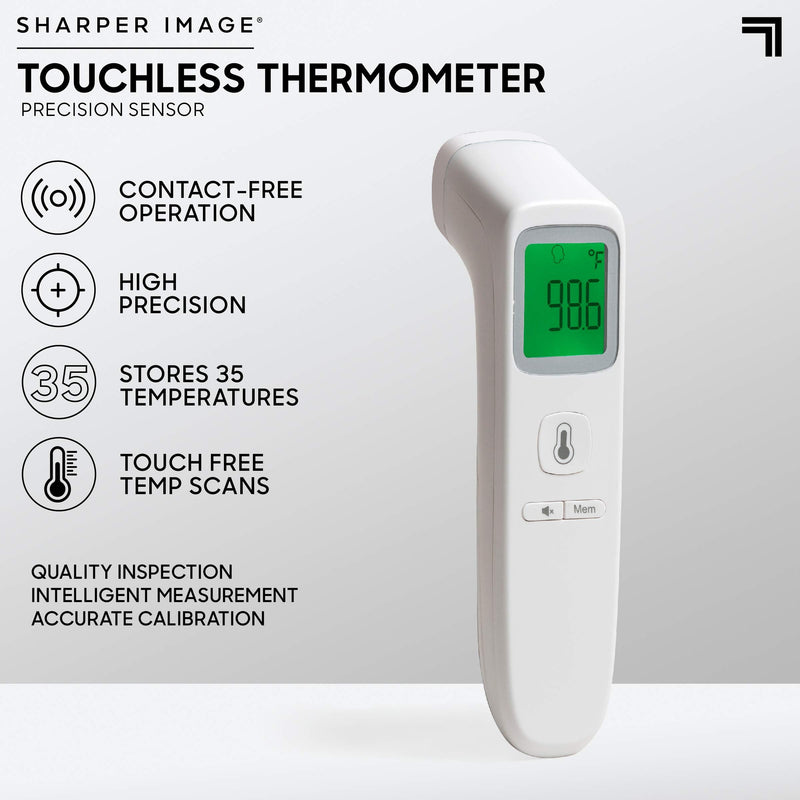 [Australia - AusPower] - SHARPER IMAGE Digital Touchless Smart Forehead Thermometer, High-Precision Infrared Sensors, Stores 35 Readings, Touch-Free Temp Scans, Battery Powered, Built-in LED Glow Light 