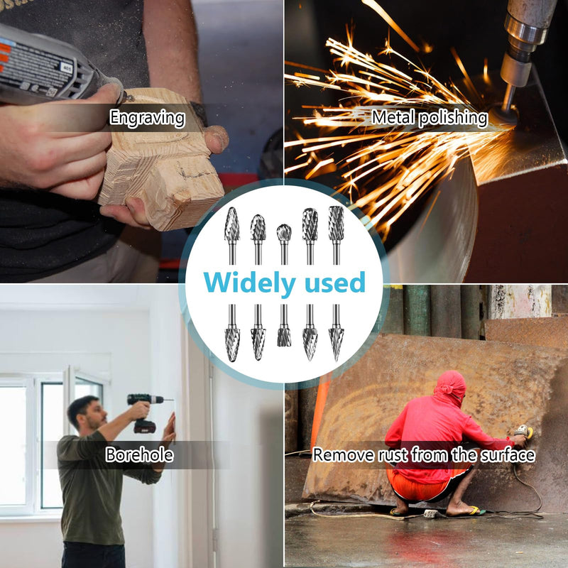 [Australia - AusPower] - Carbide Burrs, 10 Pieces Double Cut Metal Router Bit Dremel Grinding Attachments for Grinding, Carving, Metal Polishing, Engraving, Drilling 