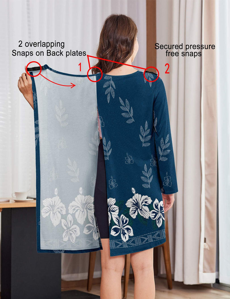 [Australia - AusPower] - Deyeek Hospital Gowns for Women Open Back Dress Long Sleeve Post Surgery Tear Away Snaps Adaptive Nightgowns with Arm Snaps Blue Print XX-Large 