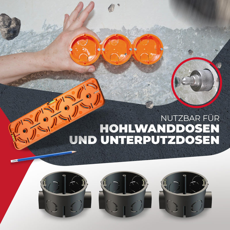 Drilling template for socket switch box flush-mounted box cavity box cavity box 71 mm distance electrician spirit level for electrical installation in shell construction and drywall MaKoen drilling template light Ø8mm - Orange