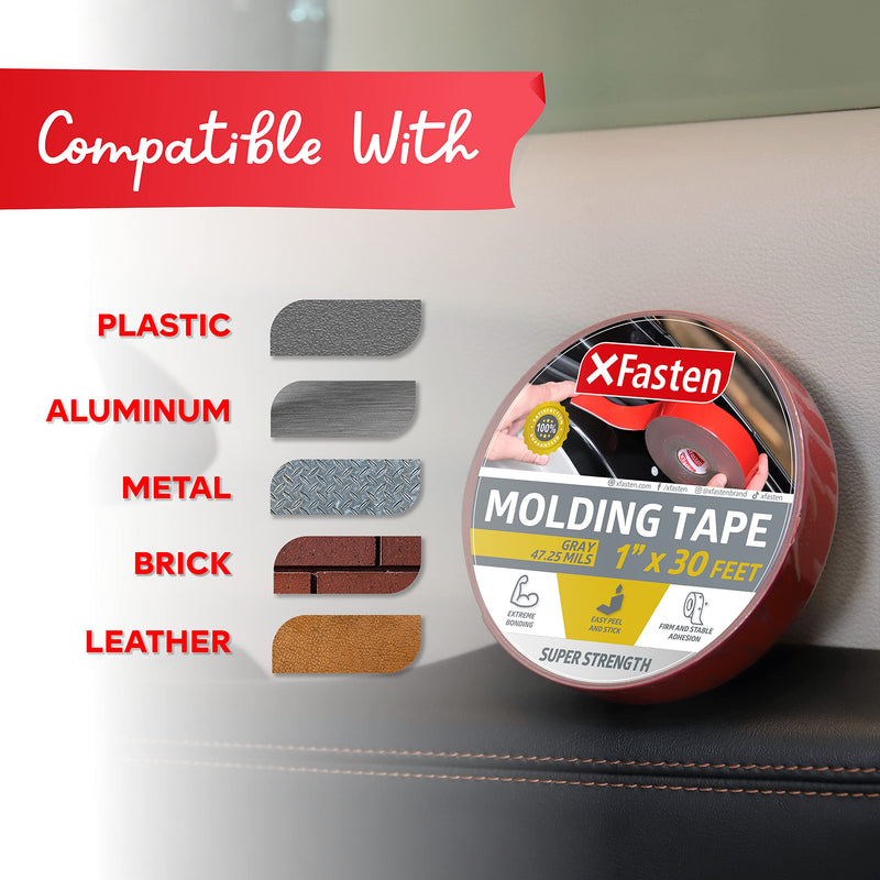 XFasten Super Strength Automotive Molding Tape, Gray, 1-Inch x 30-Foot, Double Sided Exterior Mounting Tape for Auto Body Molding, Trim, Side Mirror, Emblem, Nameplate and Outdoor Applications