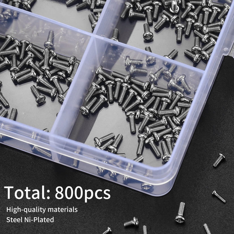 [Australia - AusPower] - 800Pcs Tiny Screws for Electronics, Micro Small Mini Phillips Pan Head Machine Screws Assortment Kit for Eyeglasses, Watches, Clocks, Mobile Phone, M1/M1.2/M1.4/M1.6/M1.7 (800) 800 