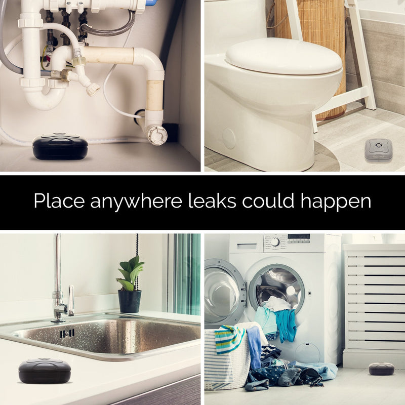 [Australia - AusPower] - 4 Pack Water Leak Detector - 95 dB Flood Detection Alarm Sensor for Bathrooms, Basements, Laundry Rooms, Garages, Attics and Kitchens by Mindful Design (Grey) 4 Count Grey 