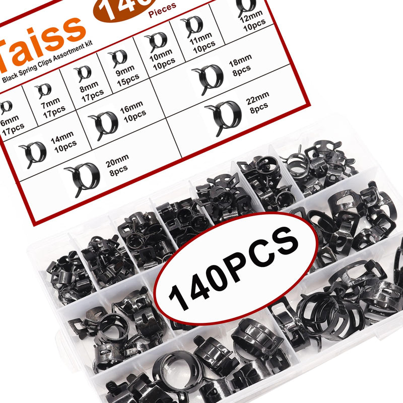 Taiss 140PCS 6-22mm Black Spring Band Hose Clamp Assortment kits.Low Pressure Air Clip Strap Clamp for Air Hose Tube Hose Fuel Silicone Vacuum Hose Clamp 140PCS Spring Clamp