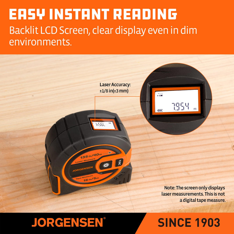 JORGENSEN Laser Tape Measure 2-in-1, 135Ft Laser Measuring Tool & 16Ft Measuring Tape with Movable Magnetic Hook, Laser Measure for Pythagorean, Area, Volume, Unit Ft/Ft+in/in/M NOT Digital