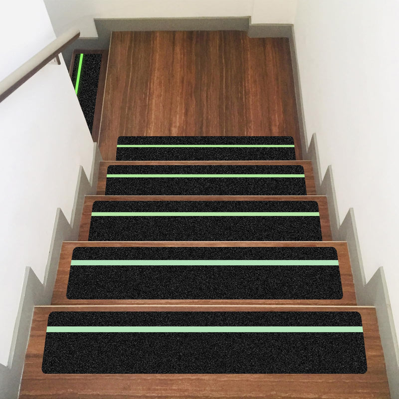 10 Pack 4” x 30” Anti Slip Traction Treads with Glow in The Dark Stripe, Outdoor Waterproof Non Skid Pre-Cut Tape with Roller, High Traction Friction Abrasive Adhesive for Stairs Step 4" x 30" & 10-Pack Black with Glow in the Dark Strips