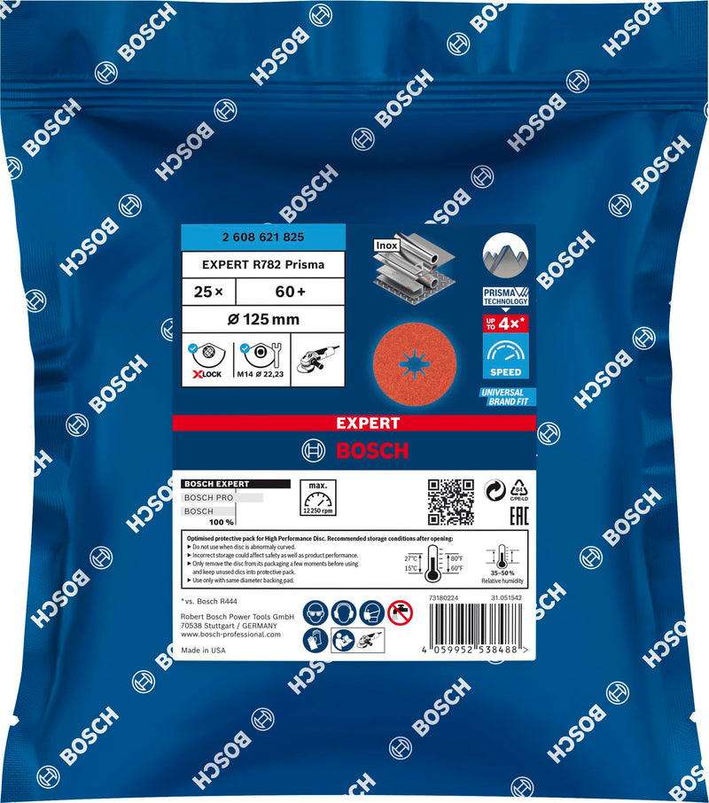 [Australia - AusPower] - Bosch 25 x Expert R782 Prism Ceramic X-LOCK Fibre Discs (for Steel, Stainless Steel Sheets, Diameter 125 mm, Grit 60, Professional Accessories, Small Angle Grinder) 2-Ø 125 mm Pack of 25 