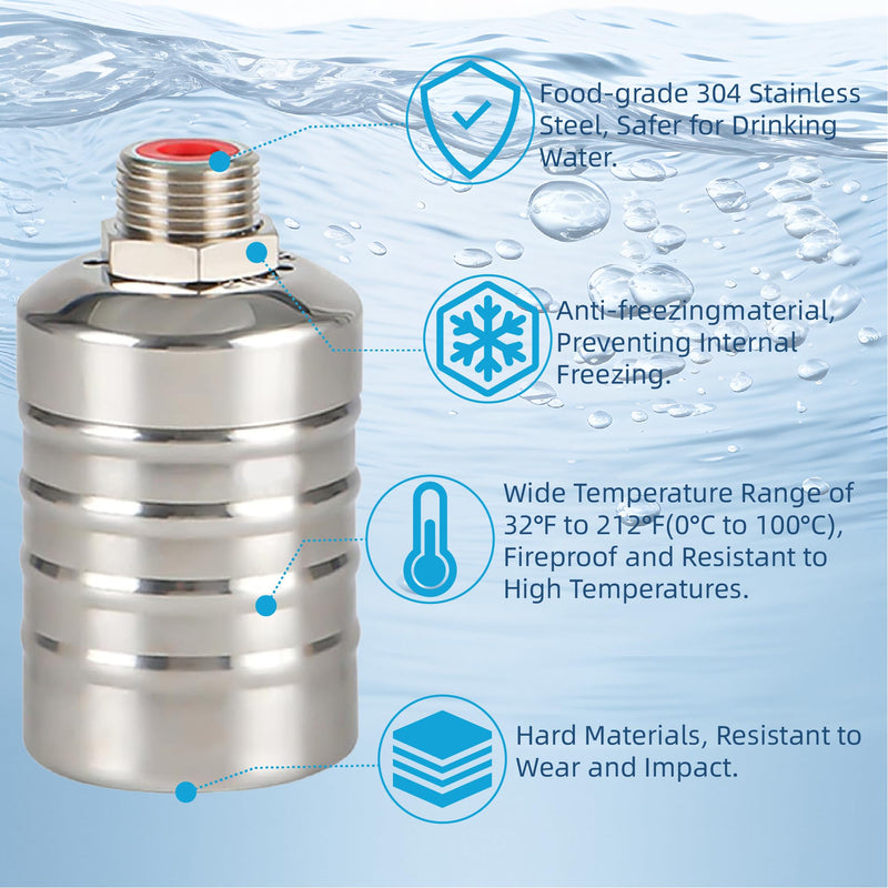 [Australia - AusPower] - 2 Pack Auto Water Level Control Float Valve, 304 Stainless Steel Automatic Water Refill Shut-off Tank Valve with Side/Top Entry and Retaining Clip for Water Tank Pool Livestock Troughs (1/2" to 3/4") 2 Pack 