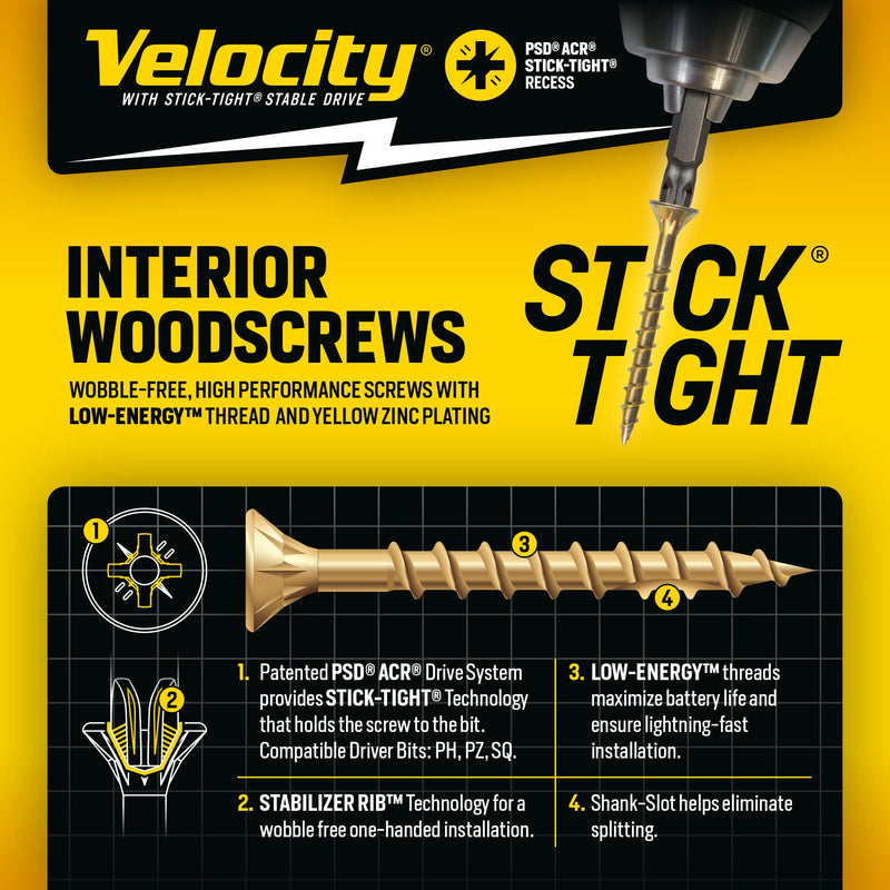 [Australia - AusPower] - Velocity Interior Wood Screw DIY Pack – 200 Furniture Wood Screws, Carbon Steel Screws Wood Zinc Plating, Stick-Tight Technology Screws for Wood Working, Self Tapping Screws (Size #6x1 1/2, 200 Pcs) #6 x 1-1/2" Small Pack 