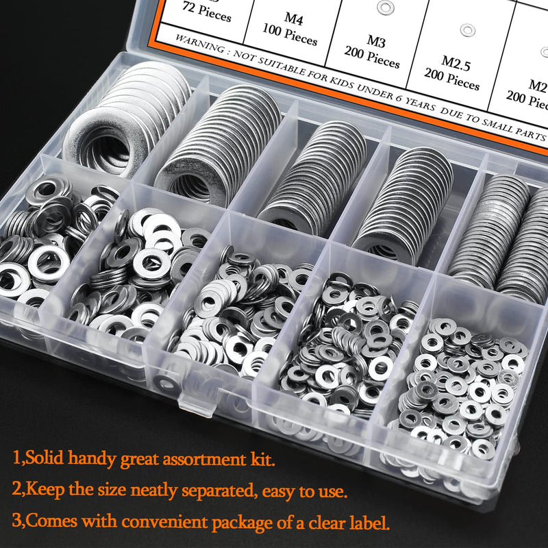 [Australia - AusPower] - 900 Pieces 304 Stainless Steel Flat Washers for Screws Bolts, HELIFOUNER Assorted Kit, Lock Metal Washers (M2 M2.5 M3 M4 M5 M6 M8 M10 M12) Silver 