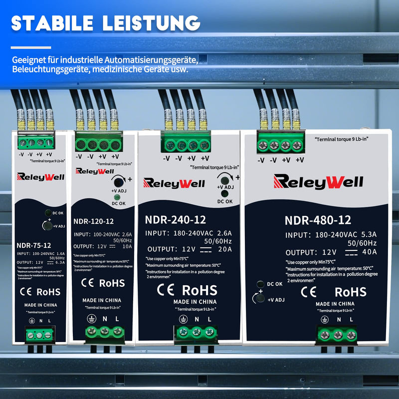 [Australia - AusPower] - ReleyWell, NDR-120-12 DIN Rail Power Supply 12 V, 120 W, 10 A; Transformer 230 V to 12 V LED, DIN Rail, 12 Volt Power Supply, Bell Transformer 120Watt 