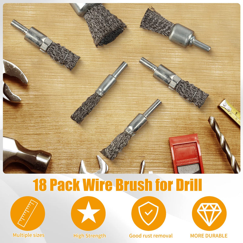 [Australia - AusPower] - 18 Pack Wire End Brush Set, Wire Brush for Drill ,6 Sizes 0.012"Crimped Wire Wheel for Drill 1/4 Inch Shank, for Drill Attachment 18 Pcs Kit 