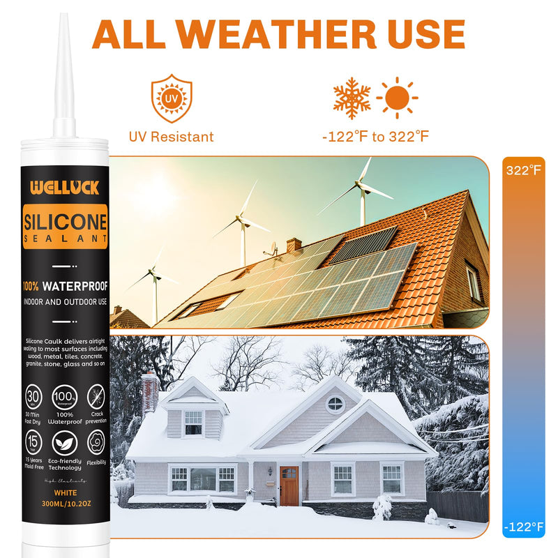 [Australia - AusPower] - WELLUCK Silicone Caulk, 100% Waterproof White Caulking Silicone Sealant Flexible Cartridge Adhesive for Kitchen, Bathroom, Window, Door, Glass, Bathtub, Shower, RV, Auto Leak Sealing (10.2 OZ, 1Pack) 