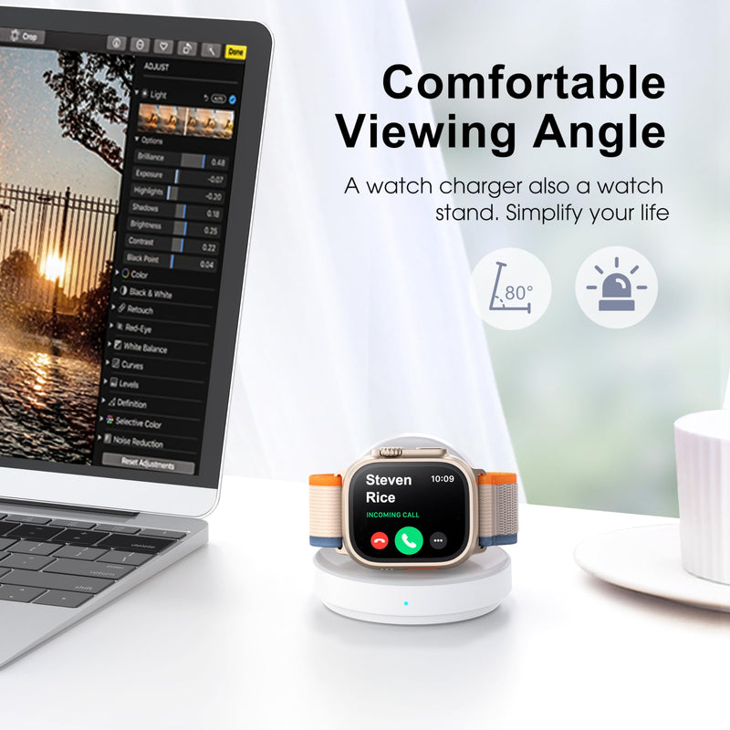 [Australia - AusPower] - Portable Magnetic Charging Dock for Apple Watch, Wireless Fast Watch Charger Stand with Charging Cable, Support Nightstand Mode, Compatible with Apple Watch Series 9 8 7 SE 6 5 4 3 2-White White 