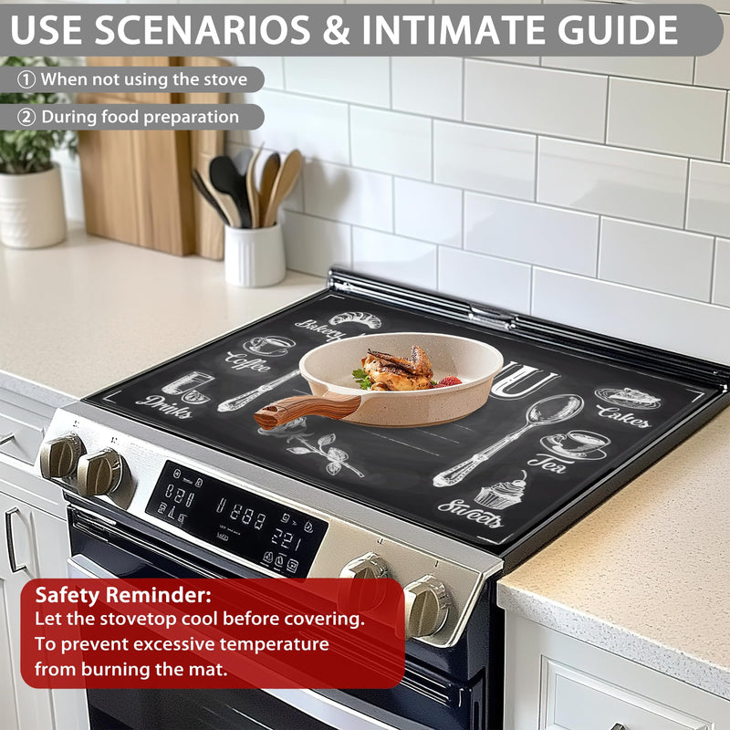 Decorative Electric Stove Cover - Cook Menu Design, Non-Slip Heat Resistant Protector for Smooth/Glass Top Stoves, Fits 28.5'' x 20.5''