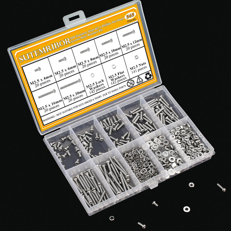[Australia - AusPower] - 565 Pieces M2.5 Machine Screws Nuts Washers Set, Sutemribor M2.5 x 4/6/8/10/12/16/20mm Phillips Pan Head Machine Screws Nuts Washers Assortment Kit, 304 Stainless Steel, Fully Threaded 