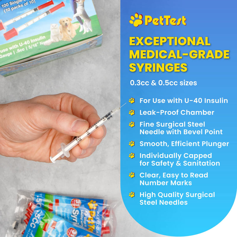 [Australia - AusPower] - PetTest U-40 Pet Insulin Syringes 0.3CC 31G, 5/16 Inch Long Needles, Comfortable Thin 31 Gauge, For Cats and Dogs, Pets Diabetic Supplies, 100 Pack 