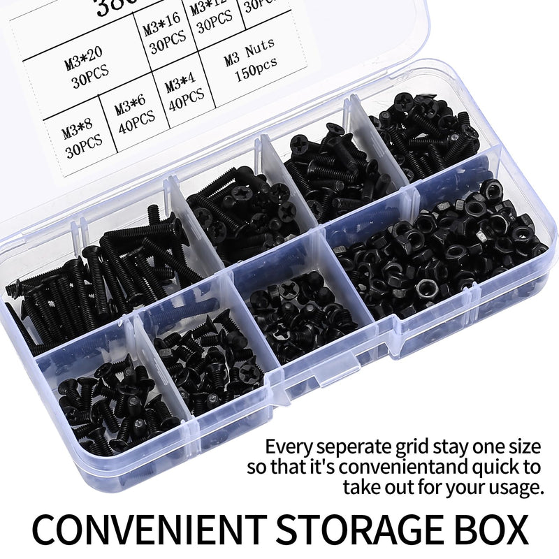 [Australia - AusPower] - M3 Flat Head Machine Screws and Hex Nuts Kit, 380 Pcs Black Countersunk Head Phillips Screws Bolts Nuts Assortment Kit - M3 x 4mm/ 6mm/ 8mm/ 10mm/ 12mm/ 16mm/ 20mm 