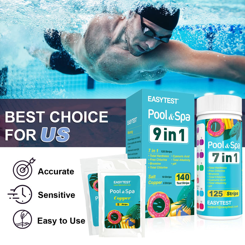 [Australia - AusPower] - EASYTEST 9-Way Pool Test Strips, 140 Strips for Hot tub and Spa, Accurate Testing pH, Total Chlorine, Free Chlorine, Bromine, Alkalinity, Total Hardness, Cyanuric Acid, Salt and Copper 9 IN 1 POOL TEST STRIPS 