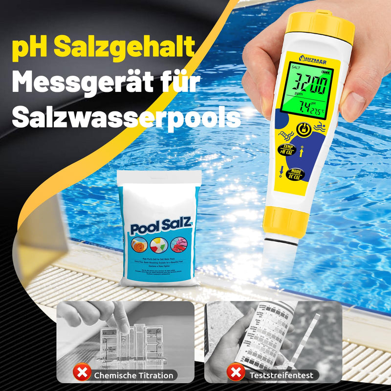 UIUZMAR Digital pH and Chlorine Meter Pool, 7-in-1 pH Salt Tester for Spa | Multifunctional pH salt content EC TDS ORP meter with simultaneous display for whirlpool, swimming pool, hydroponics yellow