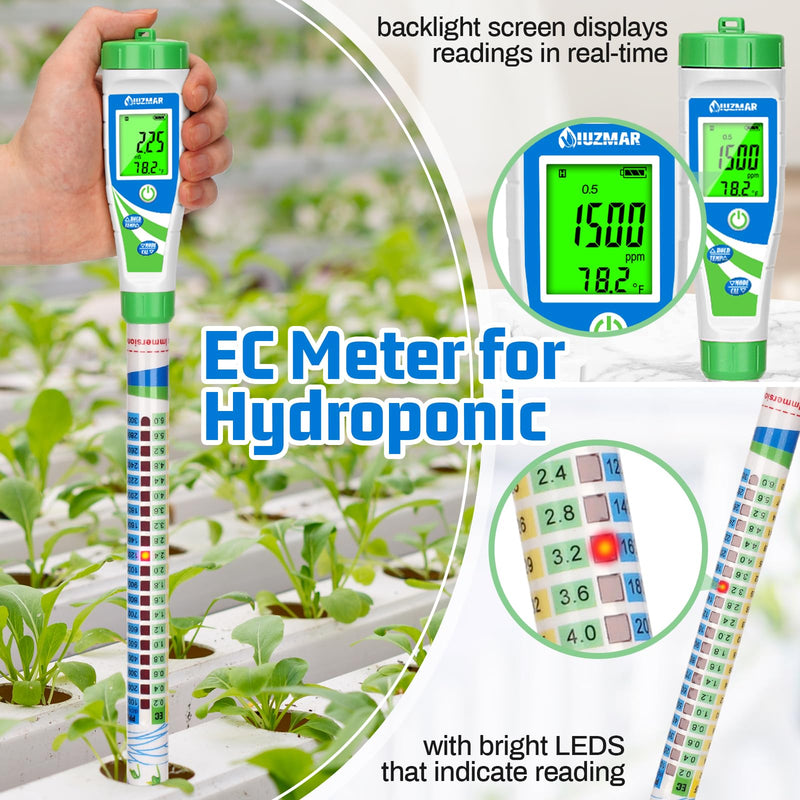 [Australia - AusPower] - UIUZMAR Digital Conductivity Tester (EC, ppm 500, ppm700, CF) PPM and EC Meter Truncheon Nutrient Meter with Light Indicator for Hydroponics Gardening, Hydroponics Growing Tent and Reservoir 