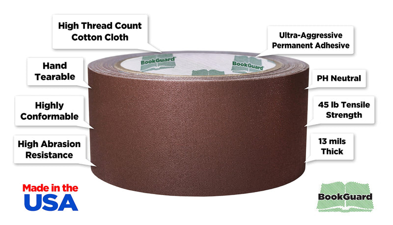 BookGuard 2 Inch Premium Bookbinding Repair Cloth Tape, 15 Yard Roll, Brown