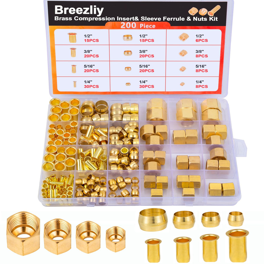 1/4", 3/8", 5/16", 1/2" OD Brass Compression Insert,Sleeve Ferrule,Nut 200PCS 200PCS 4Sizes Sleeves Ferrules,Insert,Nuts