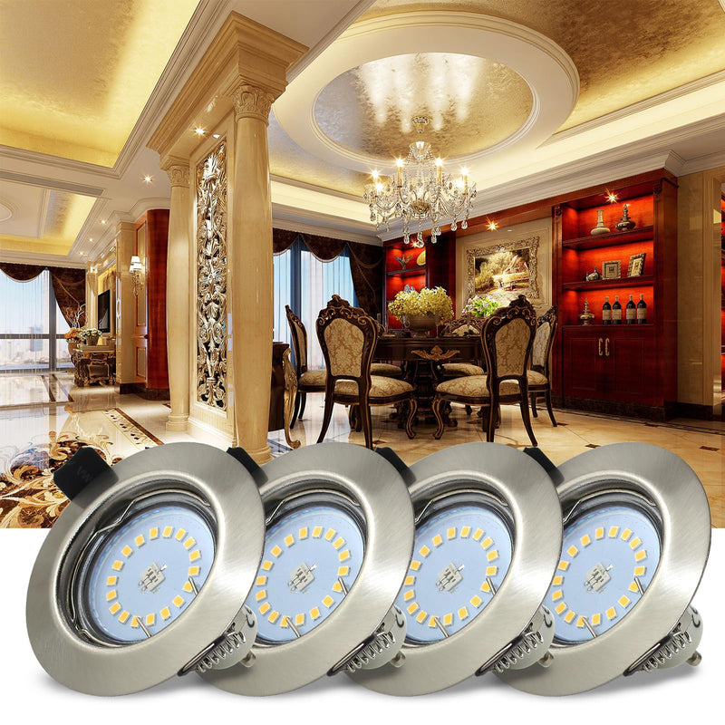 HiBay Set of 10 LED Recessed Spotlights, 230 V, GU10 Spotlights, 5 W, Warm White Ceiling Spotlights, Brushed Stainless Steel, Round + GU10 Socket | Deckenspots Edelstahl Gebürstet Rund inkl. GU10 Fassung Einbauspot für Wohnzimmer Schlafzimmer Flur Büro