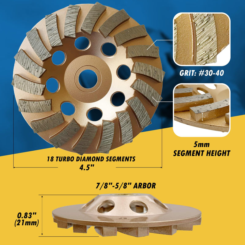 [Australia - AusPower] - 4.5" Diamond Grinding Wheels for Concrete or Masonry, 18 Turbo Segments, #30/40 Grit, Medium Bond, 7/8"-5/8" Arbor 4.5" Diameter - 18 Segments 