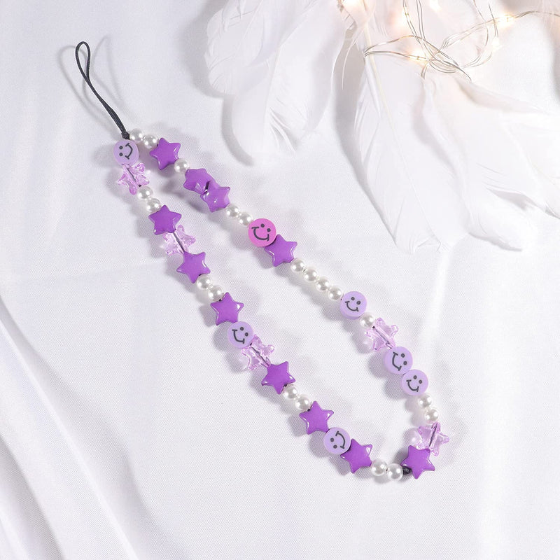 [Australia - AusPower] - Phone Charm Lanyard, 1Pcs Smiley Face Beaded Phone Charm Strap Colorful Star Smiley Soft Ceramic Keychain for Women Girls Purple 