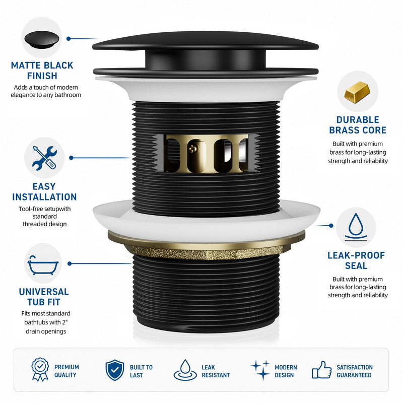 Tub Drain for Free Standing Tub with Pop-up Stopper Freestanding Tub Drain with Removable Basket,Upgraded Solid Brass Bathtub Drain with Overflow for Soaking Anti-Clog Watertight Matte Black