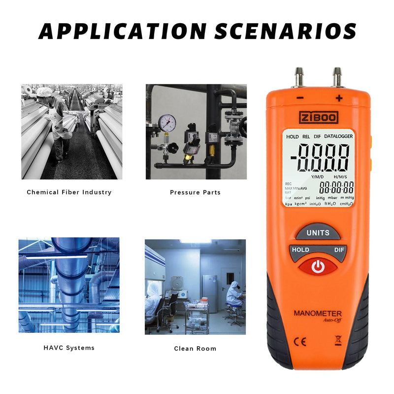 ZIBOO ET1013 Digital Manometer, Air and Gas Pressure Tester, Differential Dual Port Pressure Gauge, Large LCD Display with Backlight,HVAC Gas Pressure Tester ZIBOO ET1013