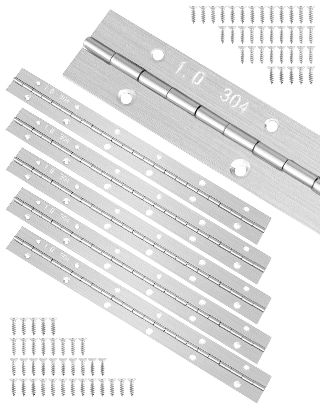 QWORK Piano Hinges, 6 Pcs 12in Heavy Duty Continuous Hinge with Holes, 304 Stainless Steel Polished Folding Continuous Piano Hinge for Cabinets Tool Boxes Boat Door Storage Box