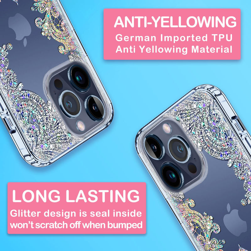 [Australia - AusPower] - Coolwee Anti Yellowing Clear Glitter for Apple iPhone 15 Pro Max Case Floral, 6.7 inch, 6.6ft Military Grade Protective Cute Mandala Crystal Bling Lace Slim TPU with Camera & Screen Protector Clear Glitter Lace 