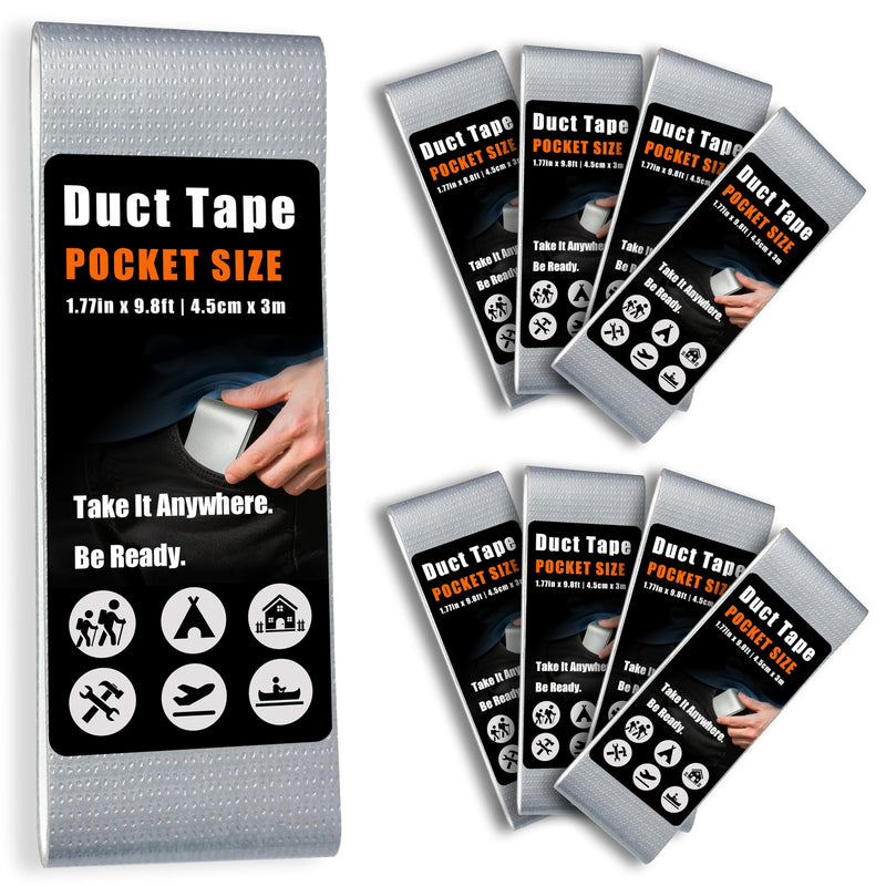 Mini Travel Duct Tape Flat Roll 1.77" x9.8ft, 8 Pack Silver – Waterproof, Tearable by Hand, Heavy Duty Pocket Size for Outdoor Repairs, EDC, Camping, DIY, Emergency Use (8)