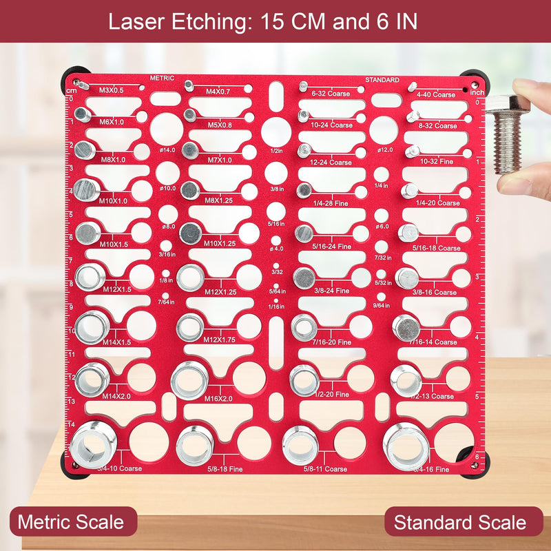 [Australia - AusPower] - Thread Checker, 55 Bolt Size and Thread Gauge, Bolt Thread Identifier 20 Standard & 16 Metric, Bolt Identifier Board, Nut and Bolt Thread Checker Gauge Wall-Mountable with 19 Drill Bit Gauge Red 55 Thread Checker 