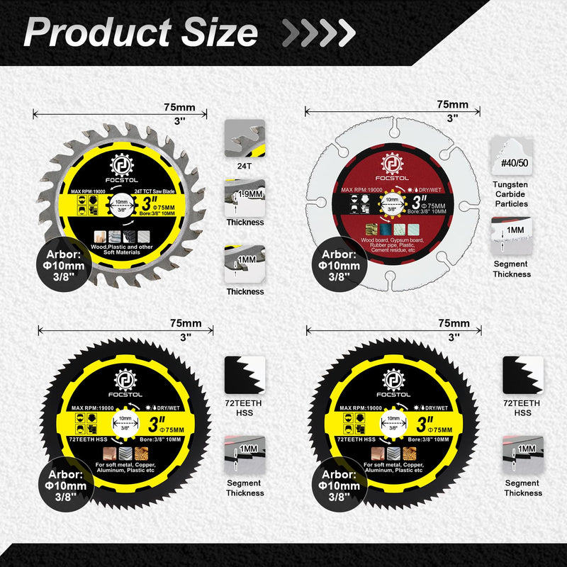 [Australia - AusPower] - FOCSTOL Saw Blade Set - 4pcs 75mm Cutting Disc for Cutting Wood Metal Plastic for Angle Grinder Arbor 10mm TCT+Wood+HSS Blade 