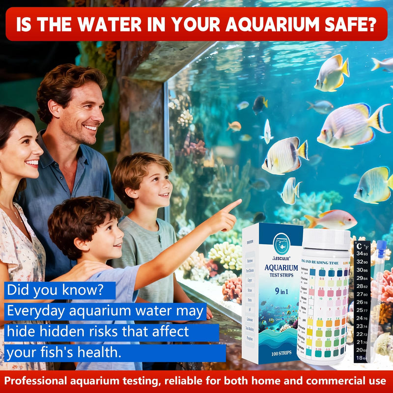 9 in 1 Aquarium Test Strips, 100 Count, Fish Tank Water Test Kit for Freshwater & Saltwater, Tests Nitrate, Nitrite, pH, KH, Total Alkalinity, Hardness, Free Chlorine, Copper & Phosphate