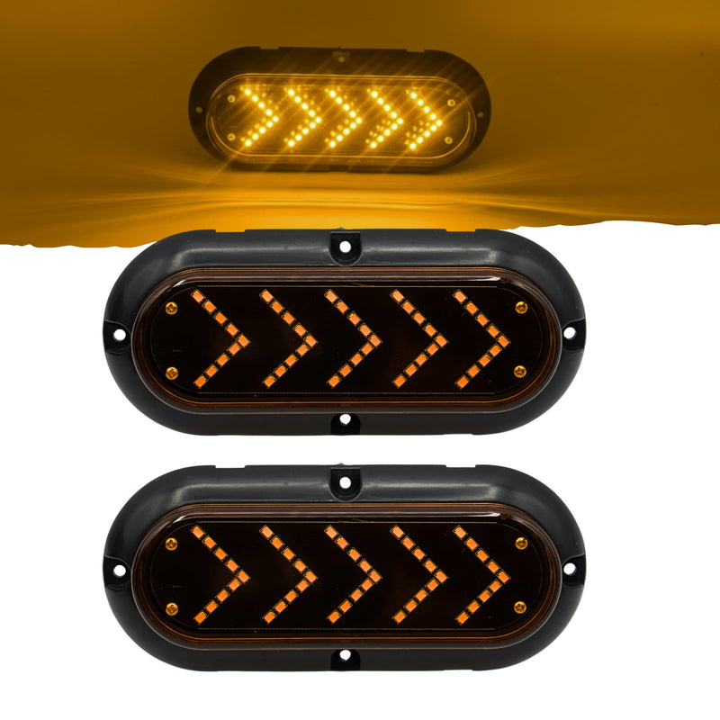 6" Oval Sequential Amber 45 LED Arrow Pointing Turn Signal Indicator Lights Truck Trailer Surface Mount Amber Lens Waterproof Sealed Marker Clearance Lights Flange Mount 12V 2 Pack IP67 3 PIN PLUG Clear Lens/Surface Mounting Bracket